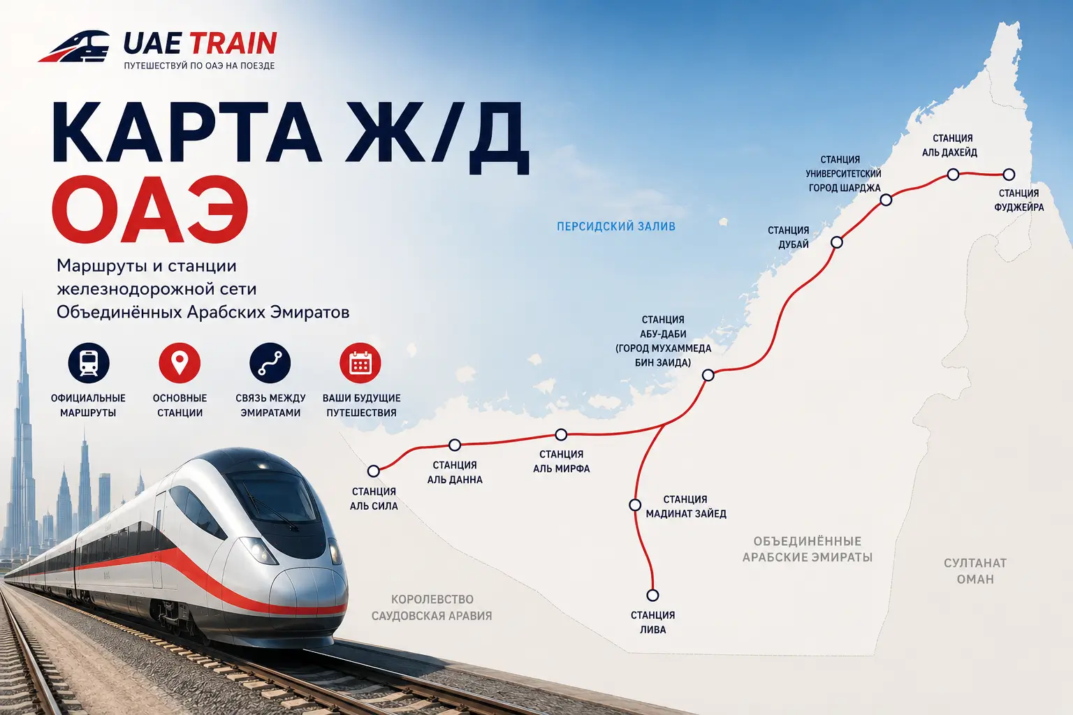 Карта железных дорог ОАЭ 2026 | Маршруты и станции поездов